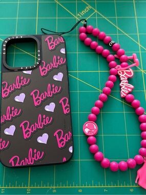 Barbie Black Phone Case with Pink Logos + Pink Beaded Strap iPhone 13 Pro